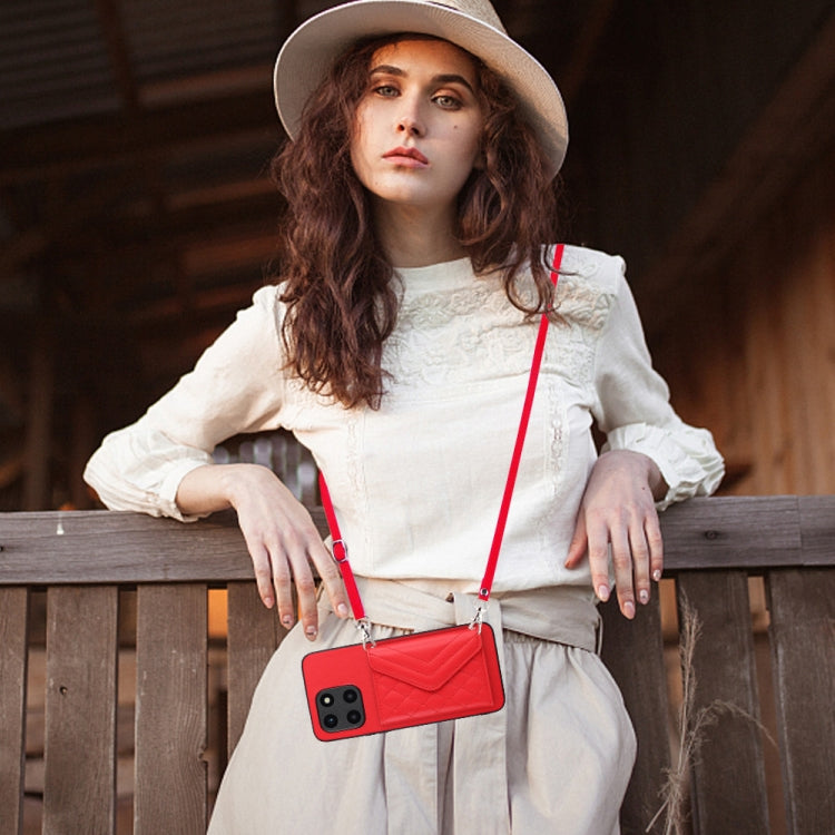 For Honor X6a Rhombic Texture Card Bag RFID Phone Case with Long Lanyard(Red)