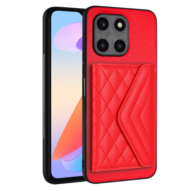 For Honor X6a Rhombic Texture Card Bag RFID Phone Case with Long Lanyard(Red)