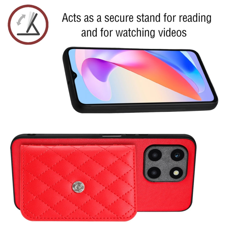 For Honor X6a Rhombic Texture Card Bag RFID Phone Case with Long Lanyard(Red)