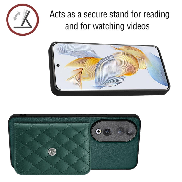 For Honor 90 Rhombic Texture Card Bag RFID Phone Case with Long Lanyard(Green)