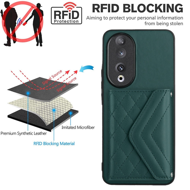 For Honor 90 Rhombic Texture Card Bag RFID Phone Case with Long Lanyard(Green)
