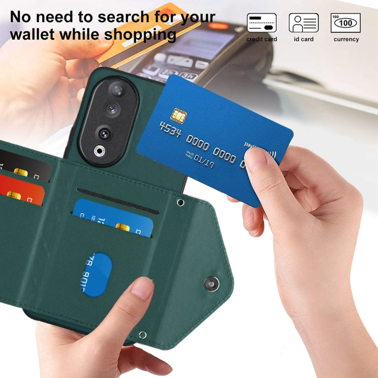 For Honor 90 Rhombic Texture Card Bag RFID Phone Case with Long Lanyard(Green)