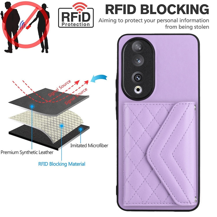 For Honor 90 Rhombic Texture Card Bag RFID Phone Case with Long Lanyard(Light Purple)