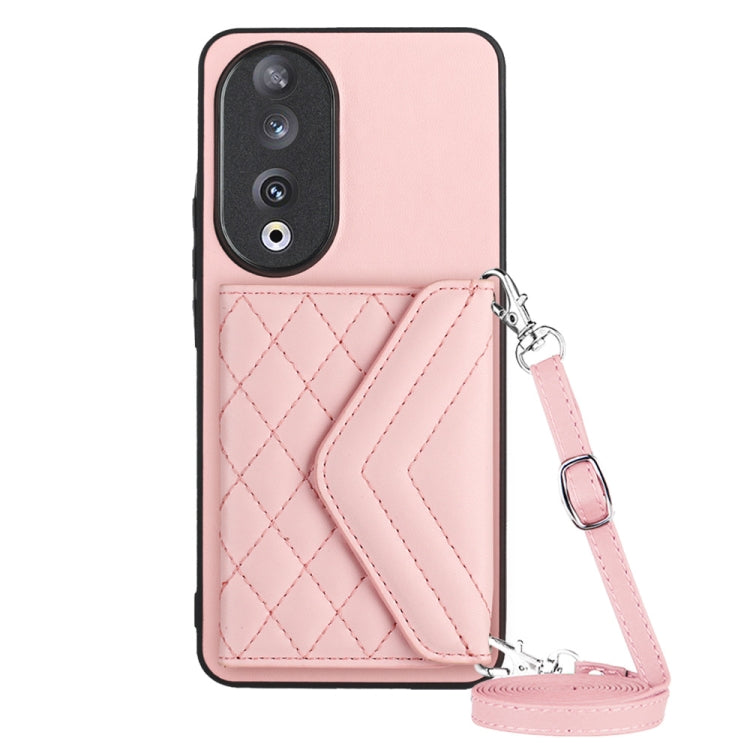 For Honor 90 Rhombic Texture Card Bag RFID Phone Case with Long Lanyard(Rose Gold)