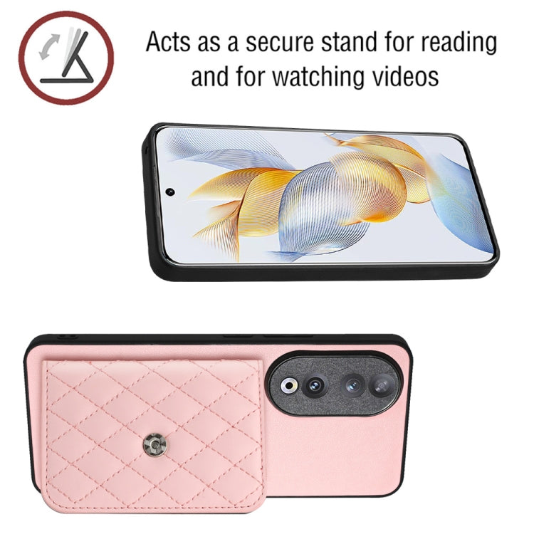For Honor 90 Rhombic Texture Card Bag RFID Phone Case with Long Lanyard(Rose Gold)