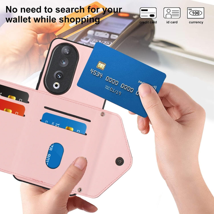 For Honor 90 Rhombic Texture Card Bag RFID Phone Case with Long Lanyard(Rose Gold)