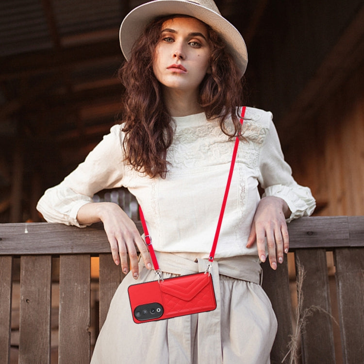 For Honor 90 Rhombic Texture Card Bag RFID Phone Case with Long Lanyard(Red)