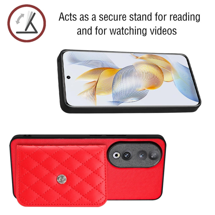 For Honor 90 Rhombic Texture Card Bag RFID Phone Case with Long Lanyard(Red)