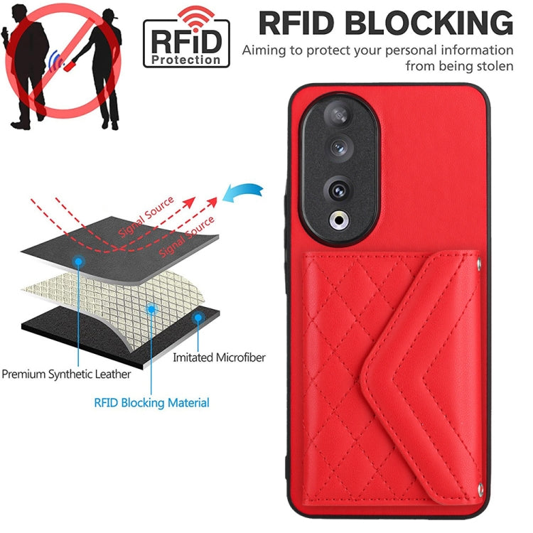 For Honor 90 Rhombic Texture Card Bag RFID Phone Case with Long Lanyard(Red)