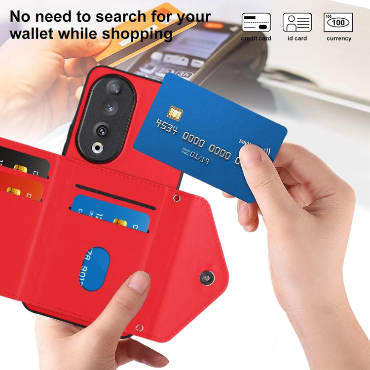 For Honor 90 Rhombic Texture Card Bag RFID Phone Case with Long Lanyard(Red)