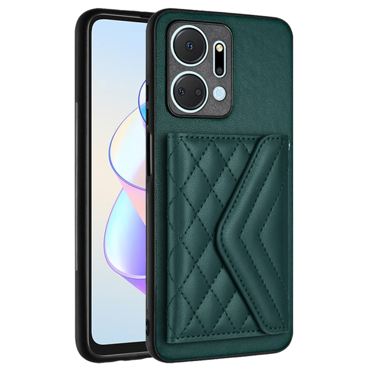 For Honor X7a / Play 7T Rhombic Texture Card Bag RFID Phone Case with Long Lanyard(Green)