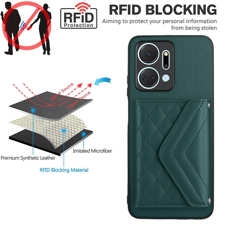 For Honor X7a / Play 7T Rhombic Texture Card Bag RFID Phone Case with Long Lanyard(Green)