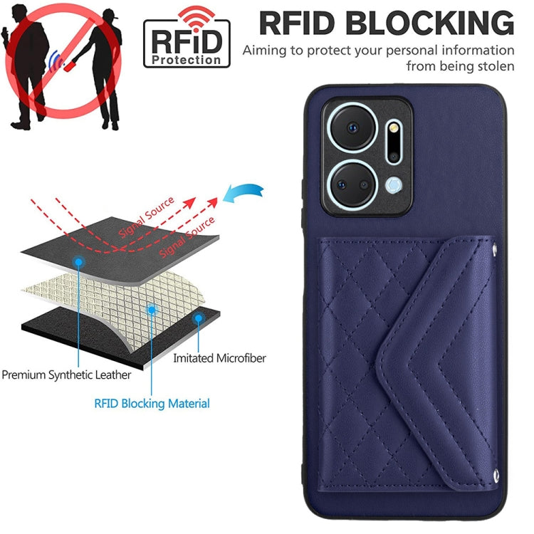 For Honor X7a / Play 7T Rhombic Texture Card Bag RFID Phone Case with Long Lanyard(Dark Purple)