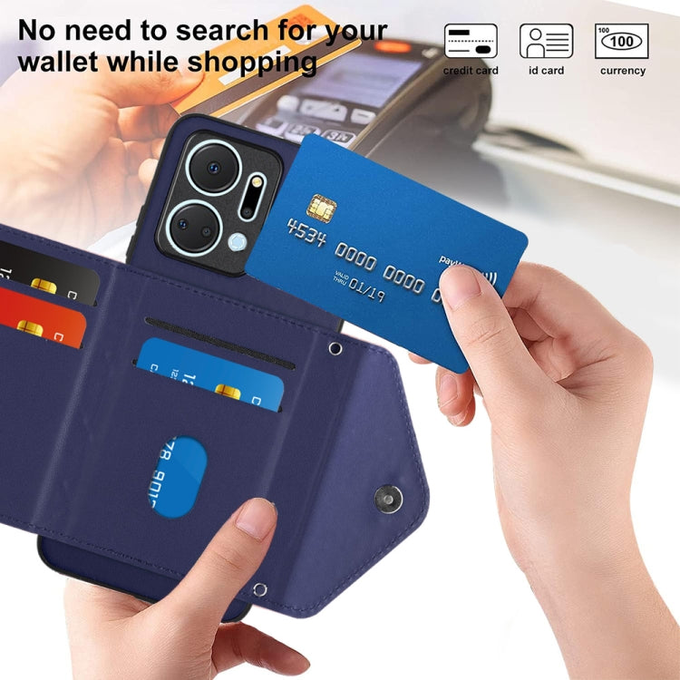 For Honor X7a / Play 7T Rhombic Texture Card Bag RFID Phone Case with Long Lanyard(Dark Purple)