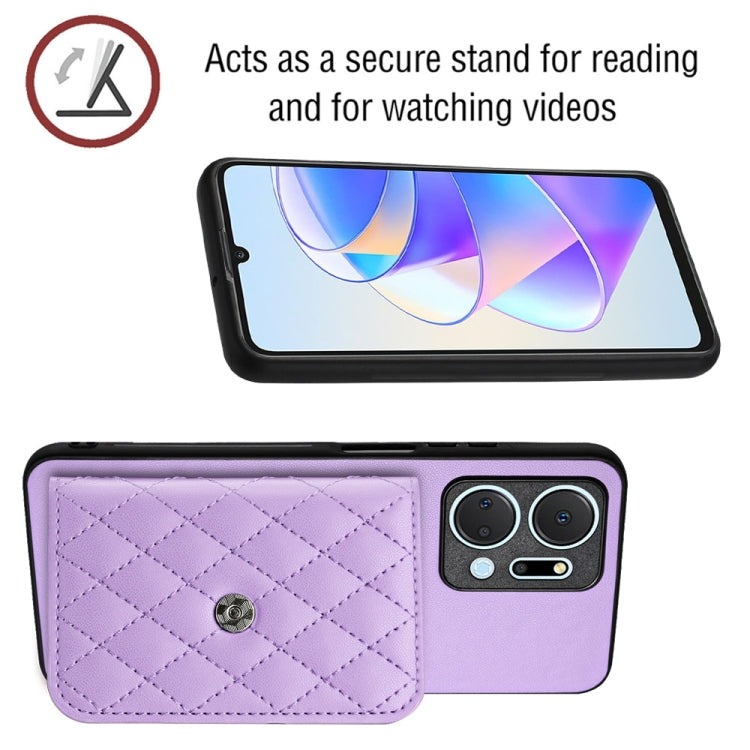 For Honor X7a / Play 7T Rhombic Texture Card Bag RFID Phone Case with Long Lanyard(Light Purple)