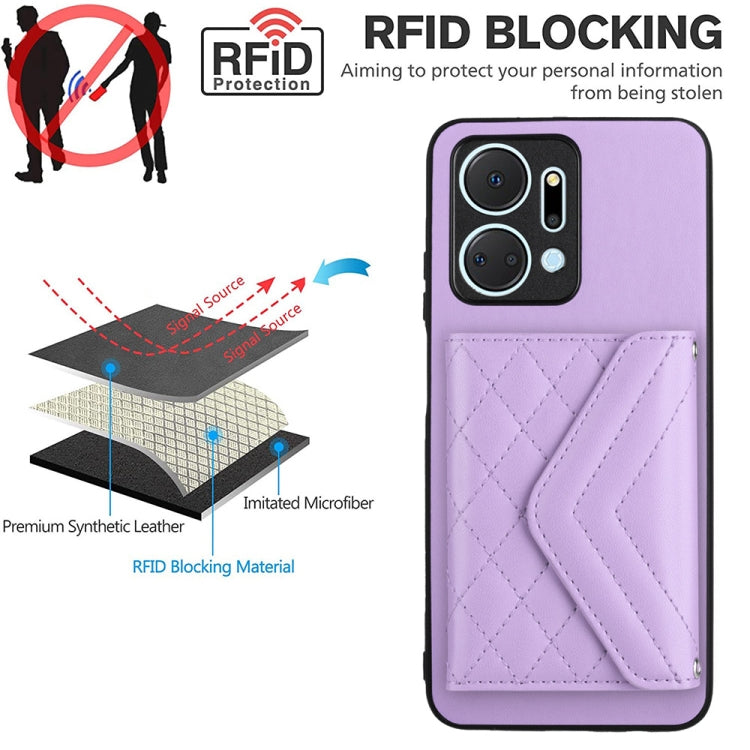 For Honor X7a / Play 7T Rhombic Texture Card Bag RFID Phone Case with Long Lanyard(Light Purple)