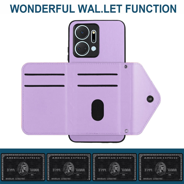 For Honor X7a / Play 7T Rhombic Texture Card Bag RFID Phone Case with Long Lanyard(Light Purple)