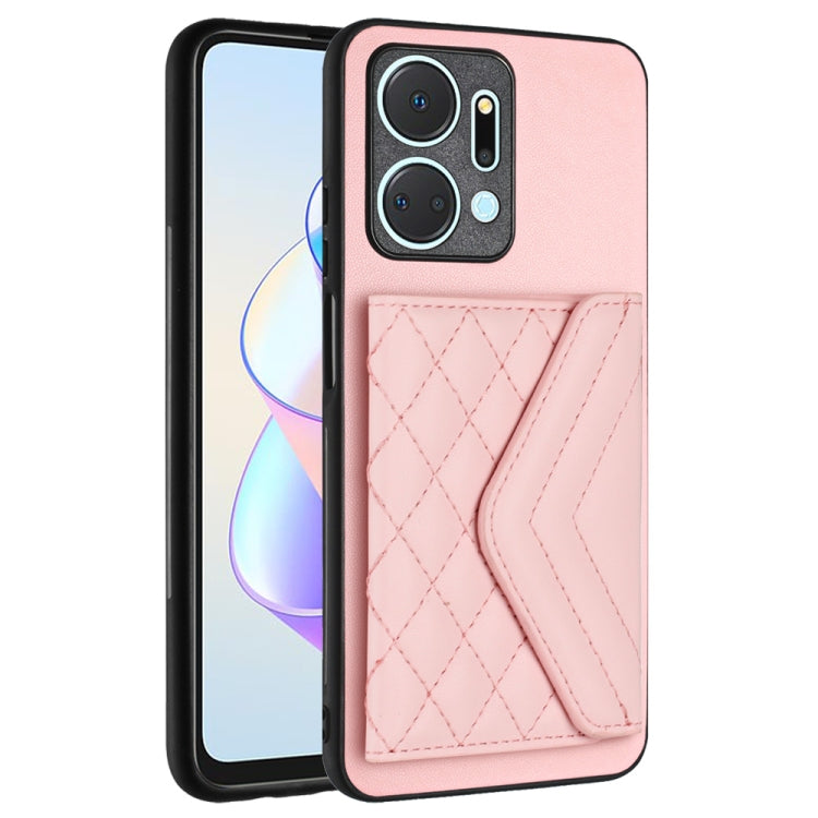 For Honor X7a / Play 7T Rhombic Texture Card Bag RFID Phone Case with Long Lanyard(Rose Gold)