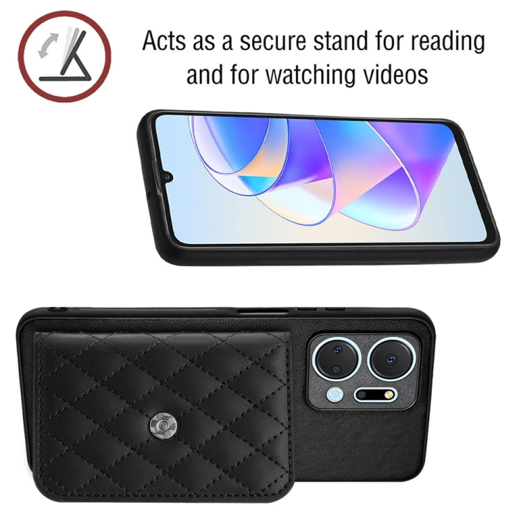 For Honor X7a / Play 7T Rhombic Texture Card Bag RFID Phone Case with Long Lanyard(Black)