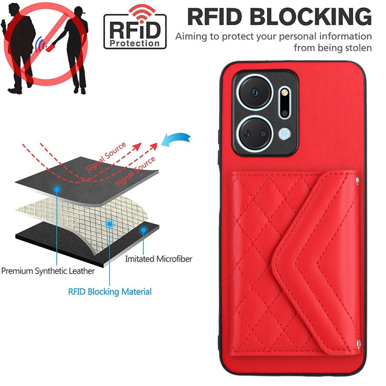 For Honor X7a / Play 7T Rhombic Texture Card Bag RFID Phone Case with Long Lanyard(Red)