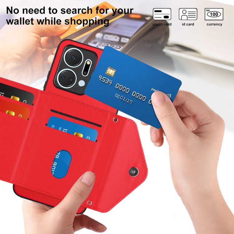 For Honor X7a / Play 7T Rhombic Texture Card Bag RFID Phone Case with Long Lanyard(Red)