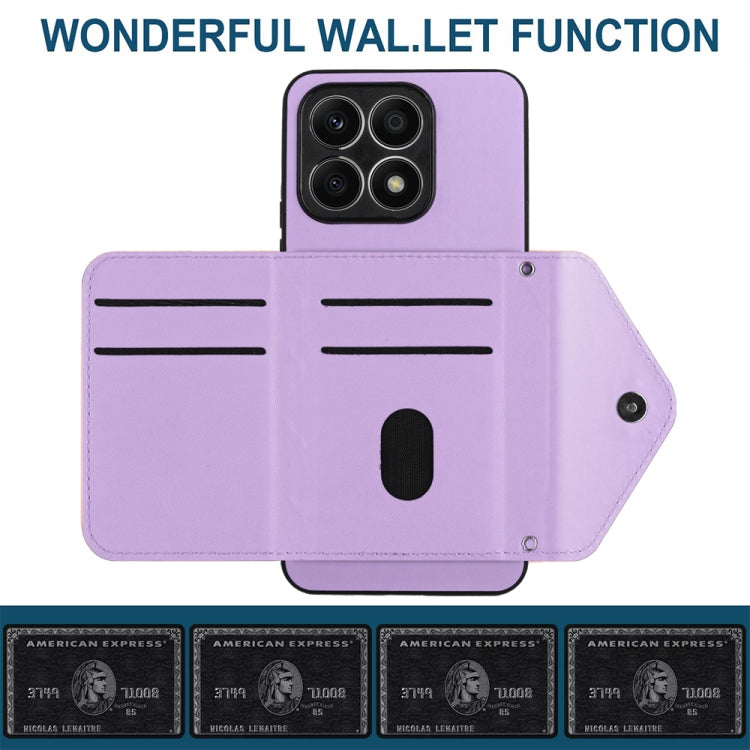 For Honor X8a Rhombic Texture Card Bag RFID Phone Case with Long Lanyard(Light Purple)