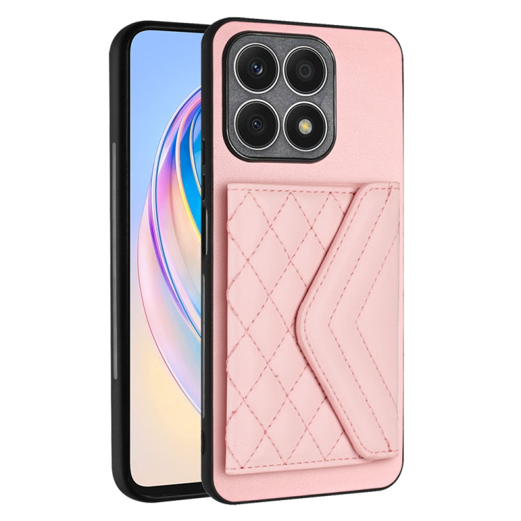 For Honor X8a Rhombic Texture Card Bag RFID Phone Case with Long Lanyard(Rose Gold)