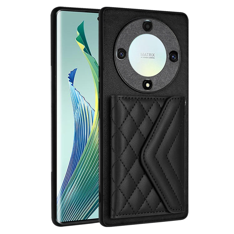 For Honor X9a / Magic5 Lite Rhombic Texture Card Bag RFID Phone Case with Long Lanyard(Black)