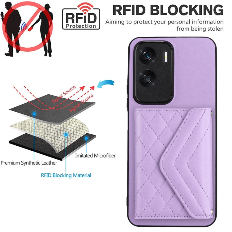 For Honor X50i Rhombic Texture Card Bag RFID Phone Case with Long Lanyard(Light Purple)