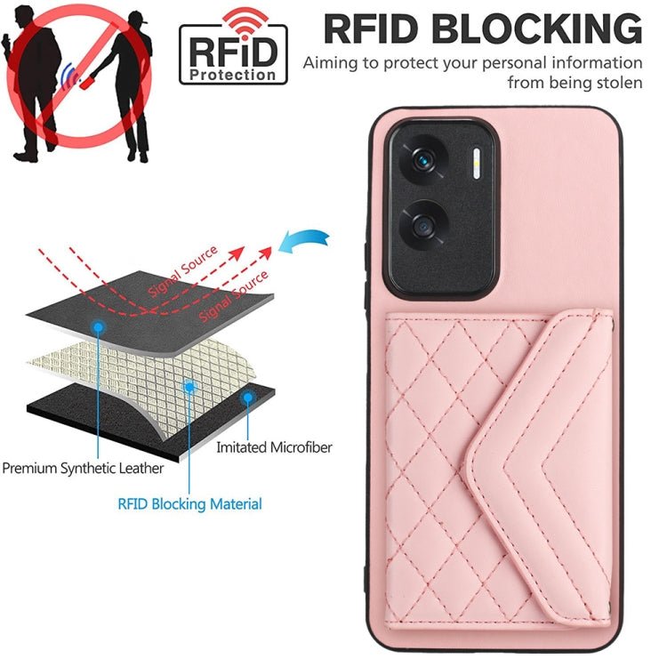 For Honor X50i Rhombic Texture Card Bag RFID Phone Case with Long Lanyard(Rose Gold)
