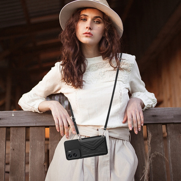 For Honor X50i Rhombic Texture Card Bag RFID Phone Case with Long Lanyard(Black)