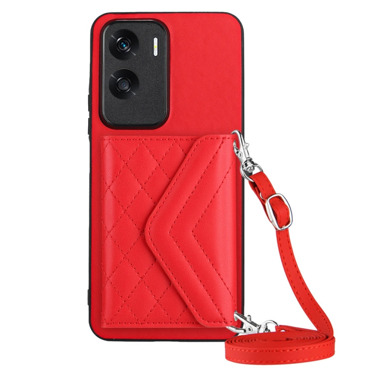 For Honor X50i Rhombic Texture Card Bag RFID Phone Case with Long Lanyard(Red)