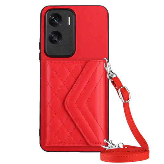 For Honor X50i Rhombic Texture Card Bag RFID Phone Case with Long Lanyard(Red)