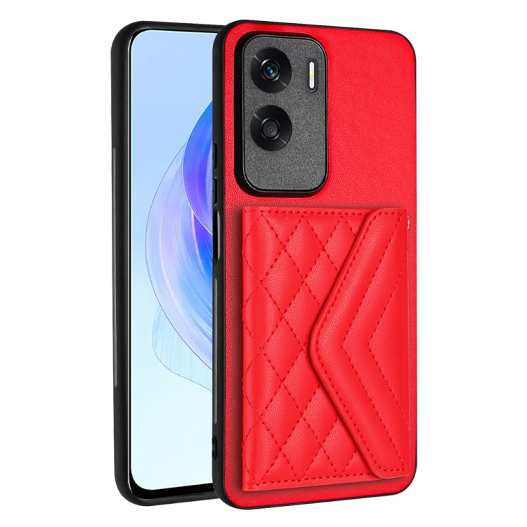 For Honor X50i Rhombic Texture Card Bag RFID Phone Case with Long Lanyard(Red)
