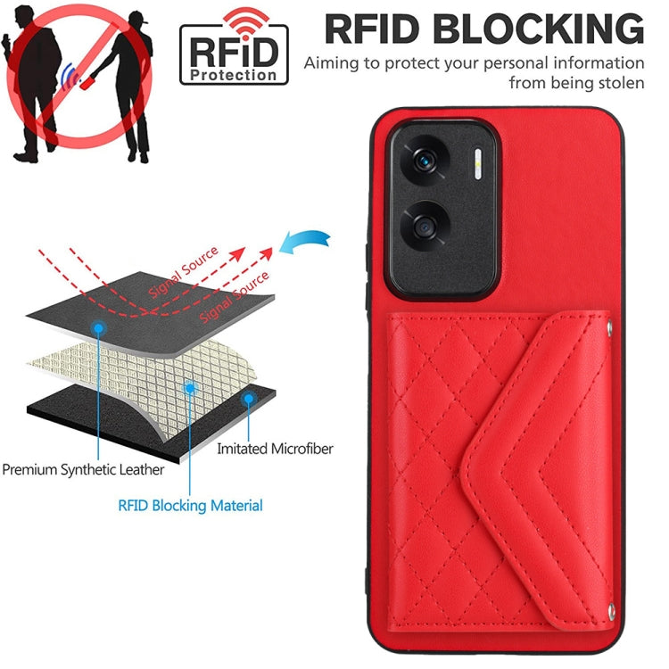 For Honor X50i Rhombic Texture Card Bag RFID Phone Case with Long Lanyard(Red)
