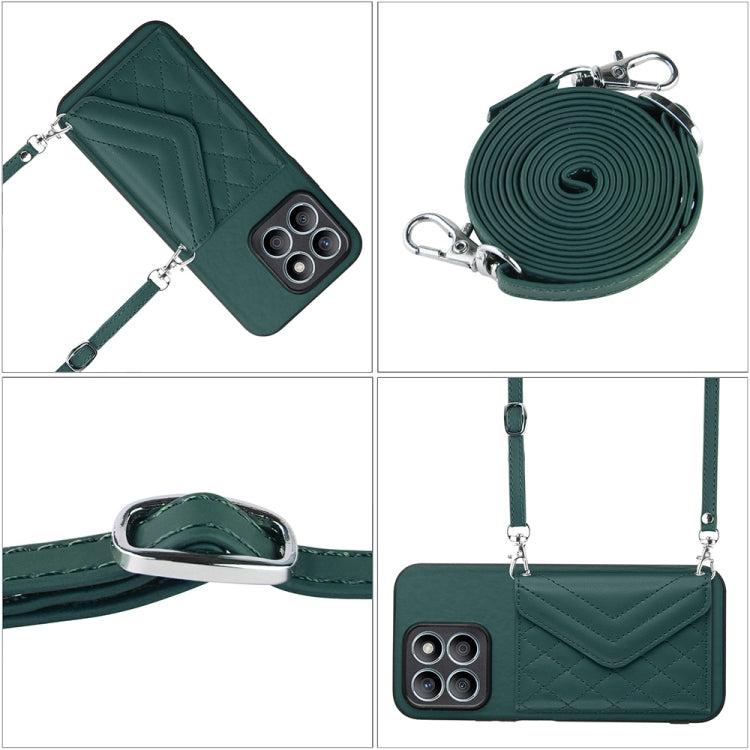 For Honor X8b 4G Global Rhombic Texture Card Bag RFID Phone Case with Long Lanyard(Green)