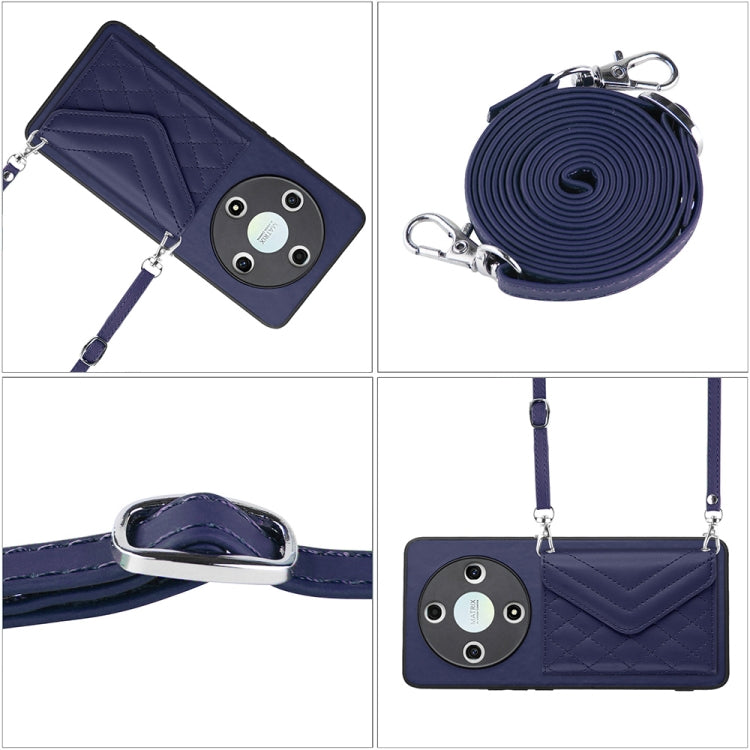 For Honor X9b / Magic6 Lite Rhombic Texture Card Bag RFID Phone Case with Long Lanyard(Dark Purple)