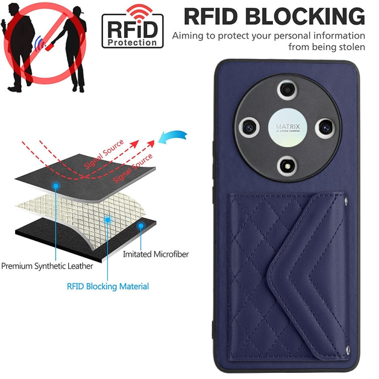 For Honor X9b / Magic6 Lite Rhombic Texture Card Bag RFID Phone Case with Long Lanyard(Dark Purple)