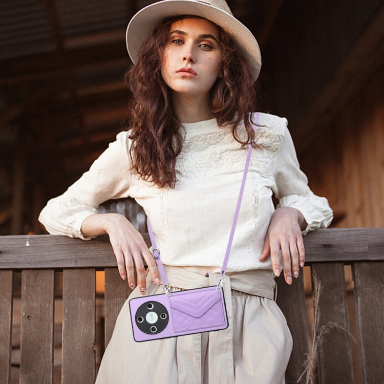For Honor X9b / Magic6 Lite Rhombic Texture Card Bag RFID Phone Case with Long Lanyard(Light Purple)
