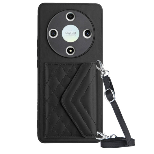 For Honor X9b / Magic6 Lite Rhombic Texture Card Bag RFID Phone Case with Long Lanyard(Black)