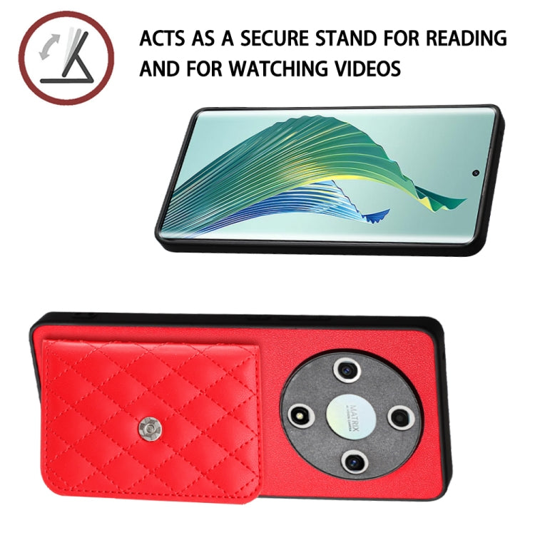 For Honor X9b / Magic6 Lite Rhombic Texture Card Bag RFID Phone Case with Long Lanyard(Red)