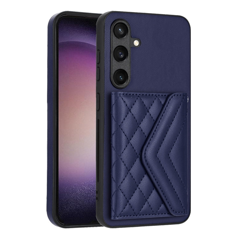 For Samsung Galaxy S24 5G Rhombic Texture Card Bag RFID Phone Case with Long Lanyard(Dark Purple)