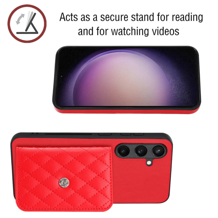 For Samsung Galaxy S24 5G Rhombic Texture Card Bag RFID Phone Case with Long Lanyard(Red)