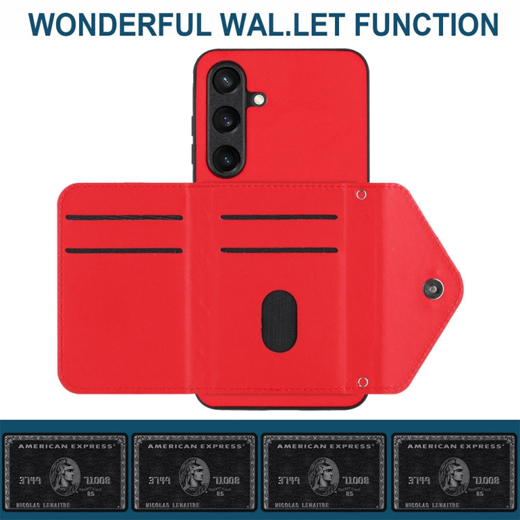 For Samsung Galaxy S24 5G Rhombic Texture Card Bag RFID Phone Case with Long Lanyard(Red)