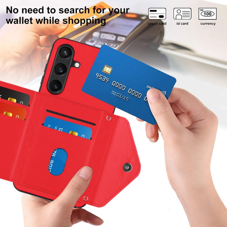 For Samsung Galaxy S24 5G Rhombic Texture Card Bag RFID Phone Case with Long Lanyard(Red)