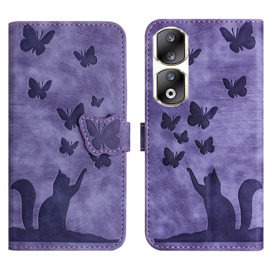 For Honor 90 Pro 5G Butterfly Cat Embossing Flip Leather Phone Case(Purple)