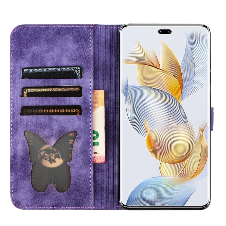 For Honor 90 Pro 5G Butterfly Cat Embossing Flip Leather Phone Case(Purple)