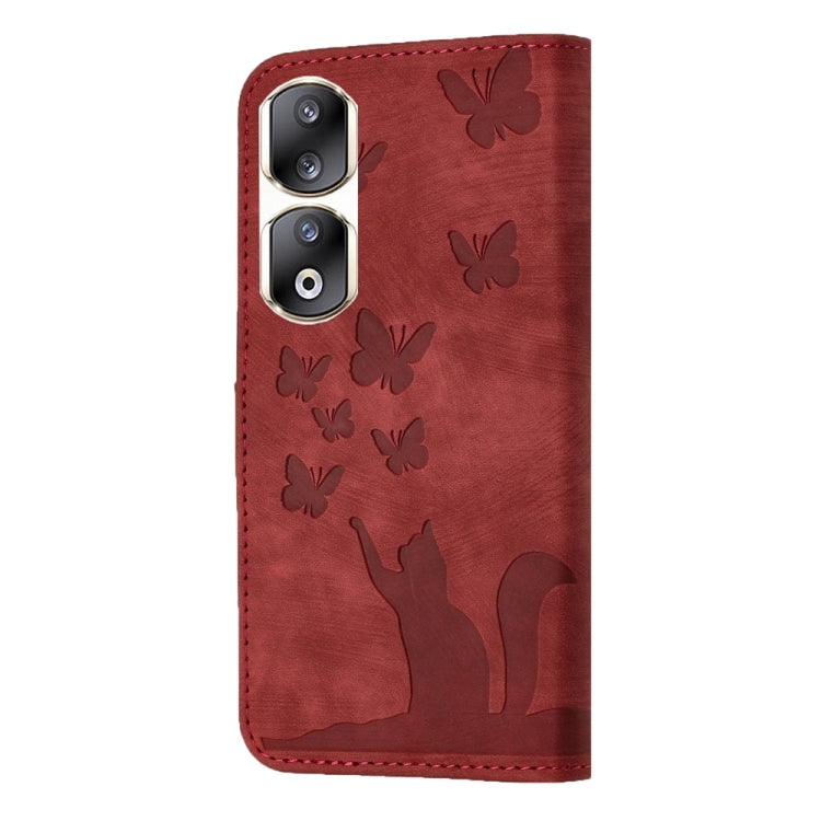 For Honor 90 Pro 5G Butterfly Cat Embossing Flip Leather Phone Case(Red)