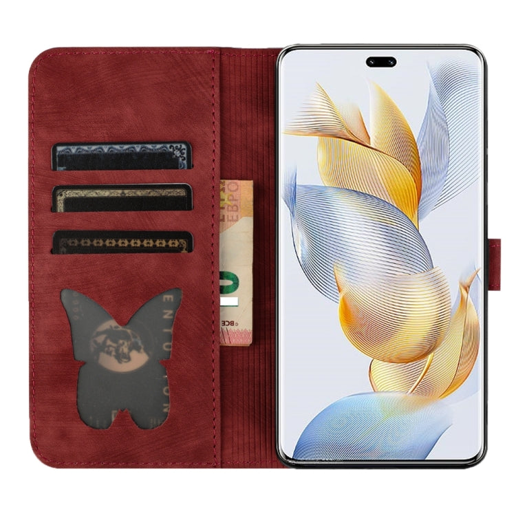 For Honor 90 Pro 5G Butterfly Cat Embossing Flip Leather Phone Case(Red)