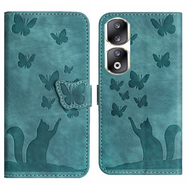 For Honor 90 Pro 5G Butterfly Cat Embossing Flip Leather Phone Case(Wathet)